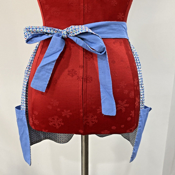 Vintage Handmade Waitress Half Apron 4 Front Hem Pockets Blue Red Green Apples - Picture 7 of 8